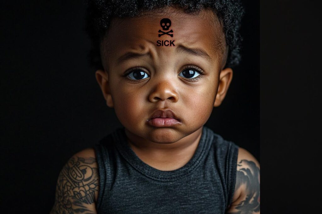 An angry baby with tattoo sleeves, and a fresh "Skull" tattoo on his forehead that says "SICK"