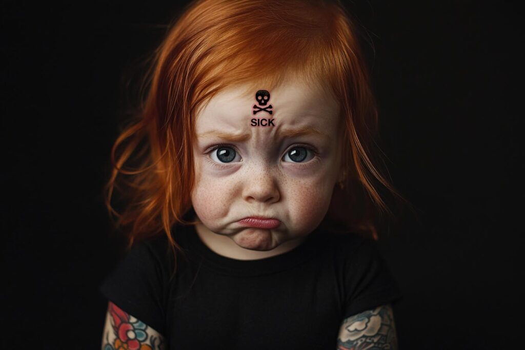 An angry baby with tattoo sleeves, and a fresh "Skull" tattoo on her forehead that says "SICK"