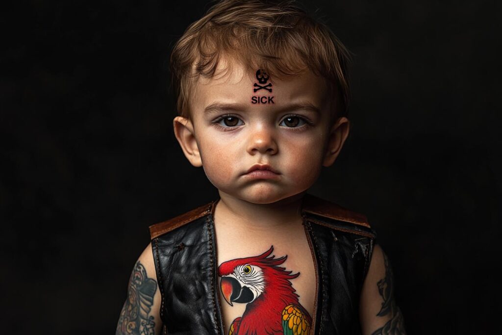 An angry baby with a parrot chest tattoo, a leather vest tattoo sleeves, and a fresh "Skull" tattoo on his forehead that says "SICK"