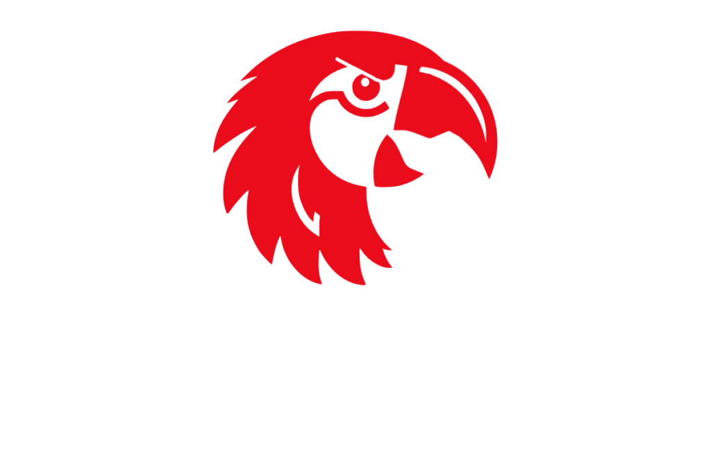 A Red, angry parrot with text "Neil Parrott's Tatts For Tots"